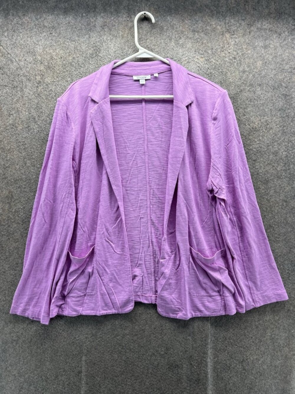 Chico's Blazer Womens XL Purple Knit Open Front Lightweight Pockets Casual